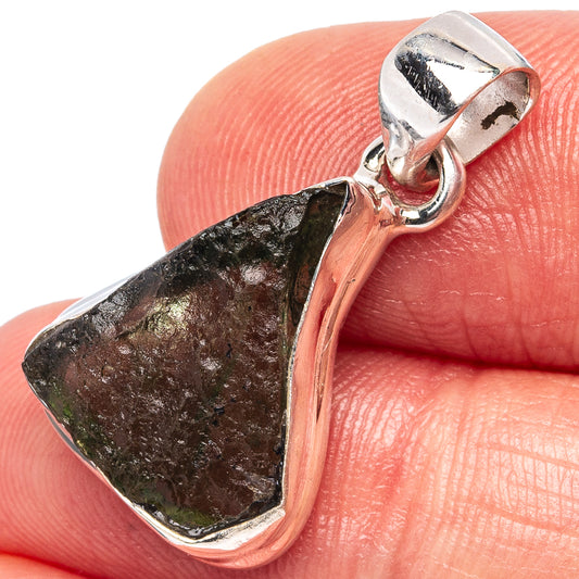 Rare moldavite pendant in .925 sterling silver with dark rough green-brown stone