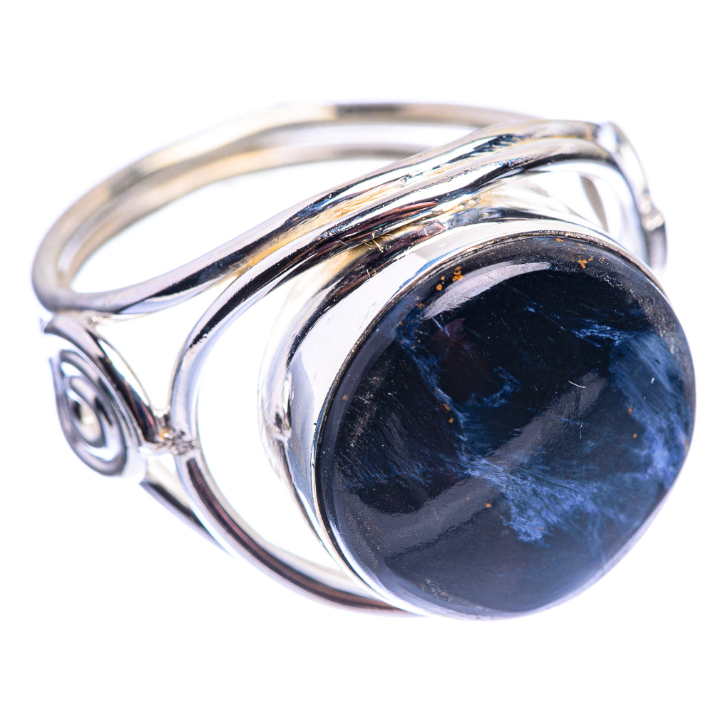 Sterling silver twisted band ring with oval pietersite cabochon, dark blue, size 10