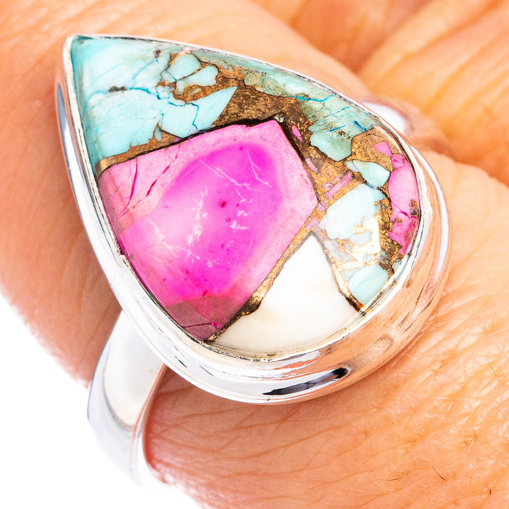Sterling silver ring with oval bezel gemstone in turquoise and bright pink matrix