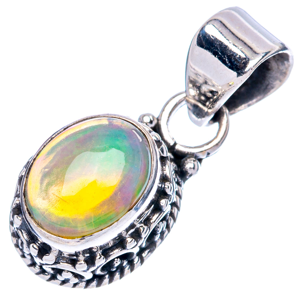 Rainbow oval opal pendant, ornate 925 sterling silver bezel and hinged bail loop