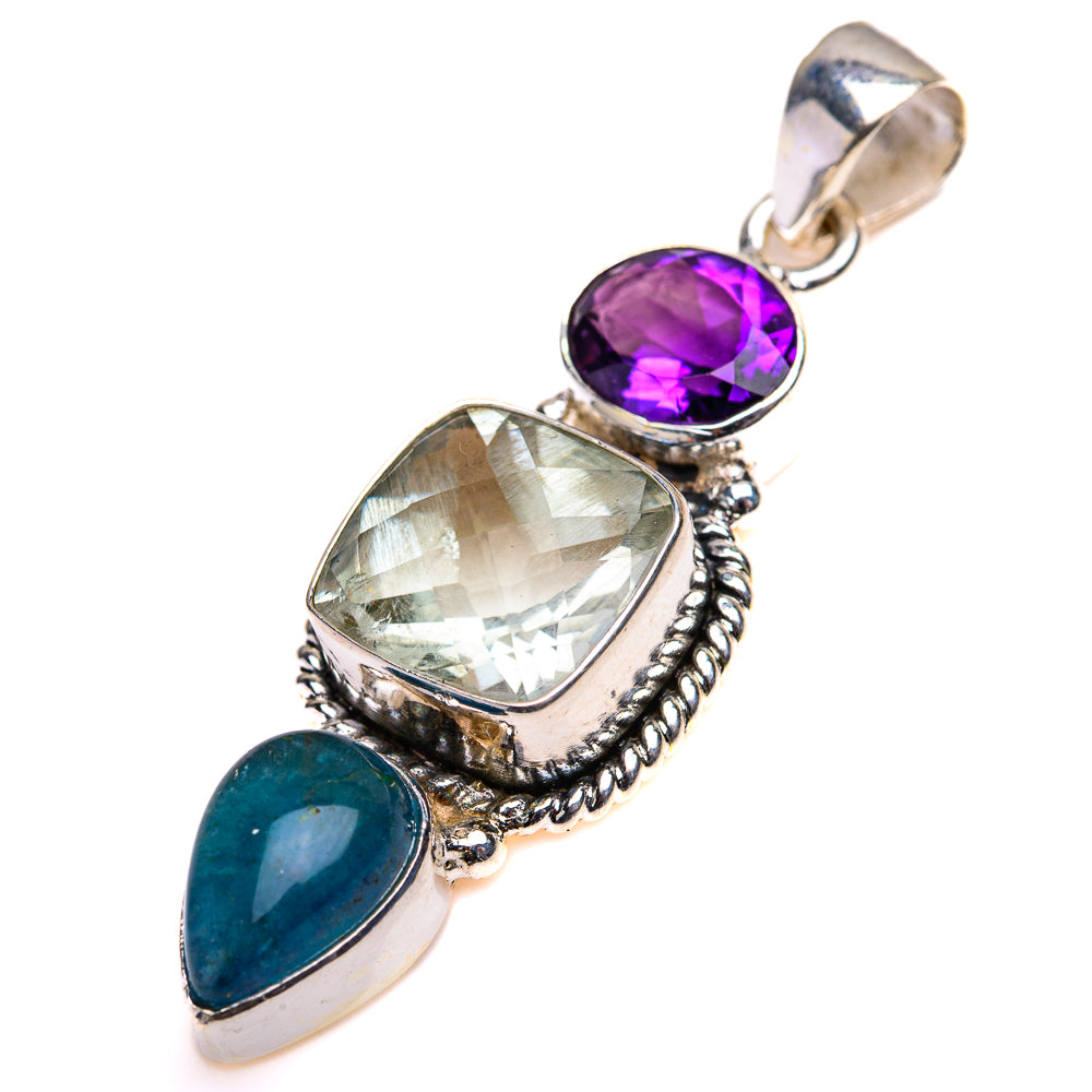 Sterling silver pendant with purple amethyst oval and clear quartz, blue fluorite drops