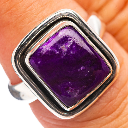 Sterling silver ring with purple sugilite square cabochon, bezel-set