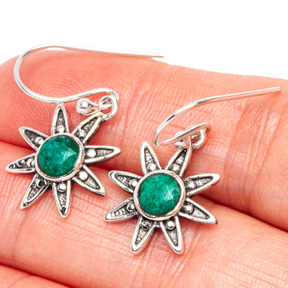 Green flower dainty earrings, 925 sterling silver hooks with green gemstone centers