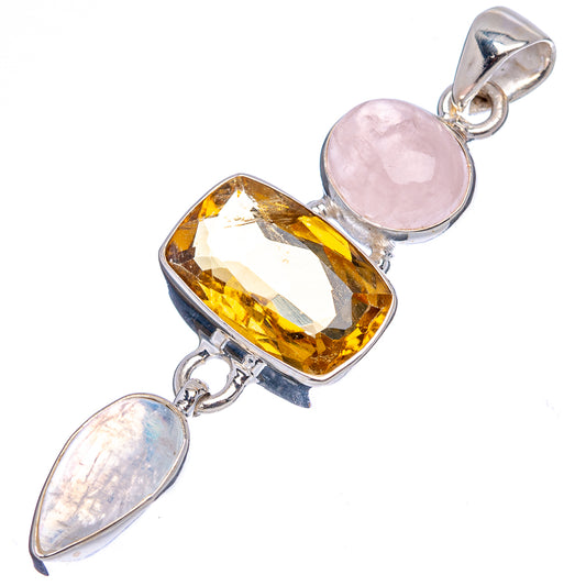 Sterling silver gemstone pendant with faceted yellow citrine and pink and white oval stones