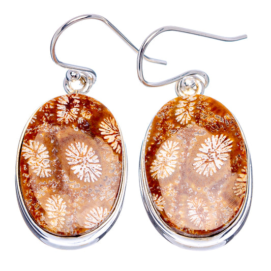 Fossil coral oval drop earrings, .925 sterling silver, amber-brown with white fossil design