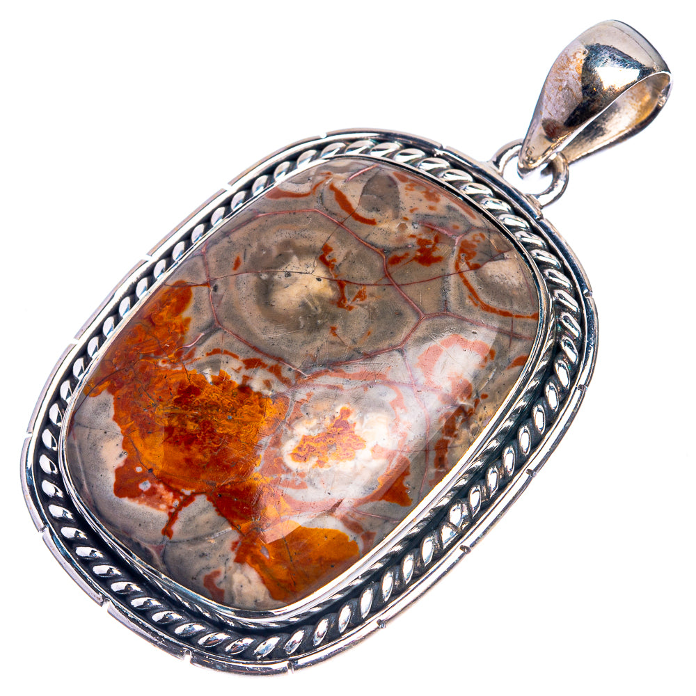 Sterling silver oval pendant with marbled rhyolite, scalloped rope-edge frame