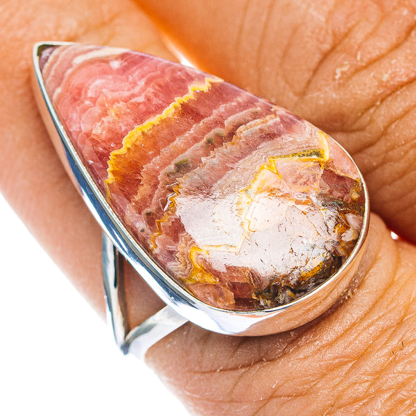 Sterling silver teardrop ring with pink–brown banded rhodochrosite cabochon, open view