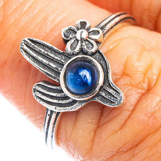 Sterling silver cactus dainty ring with blue cabochon and small flower accent