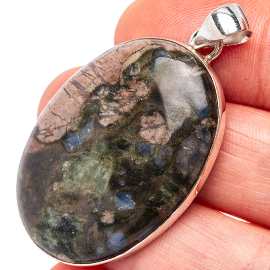 Oval jasper pendant, mottled green-blue, .925 sterling silver bezel and bail