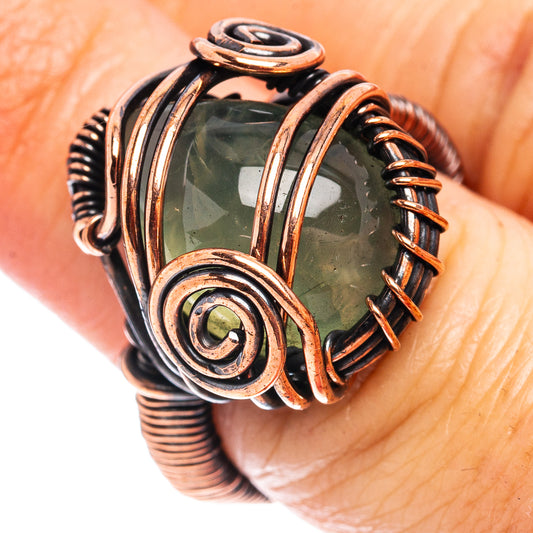 Oxidized copper wire wrap ring with green prehnite oval cabochon