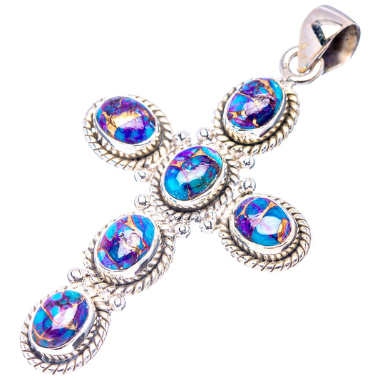 Sterling silver cross pendant with 5 oval purple-blue turquoise stone settings