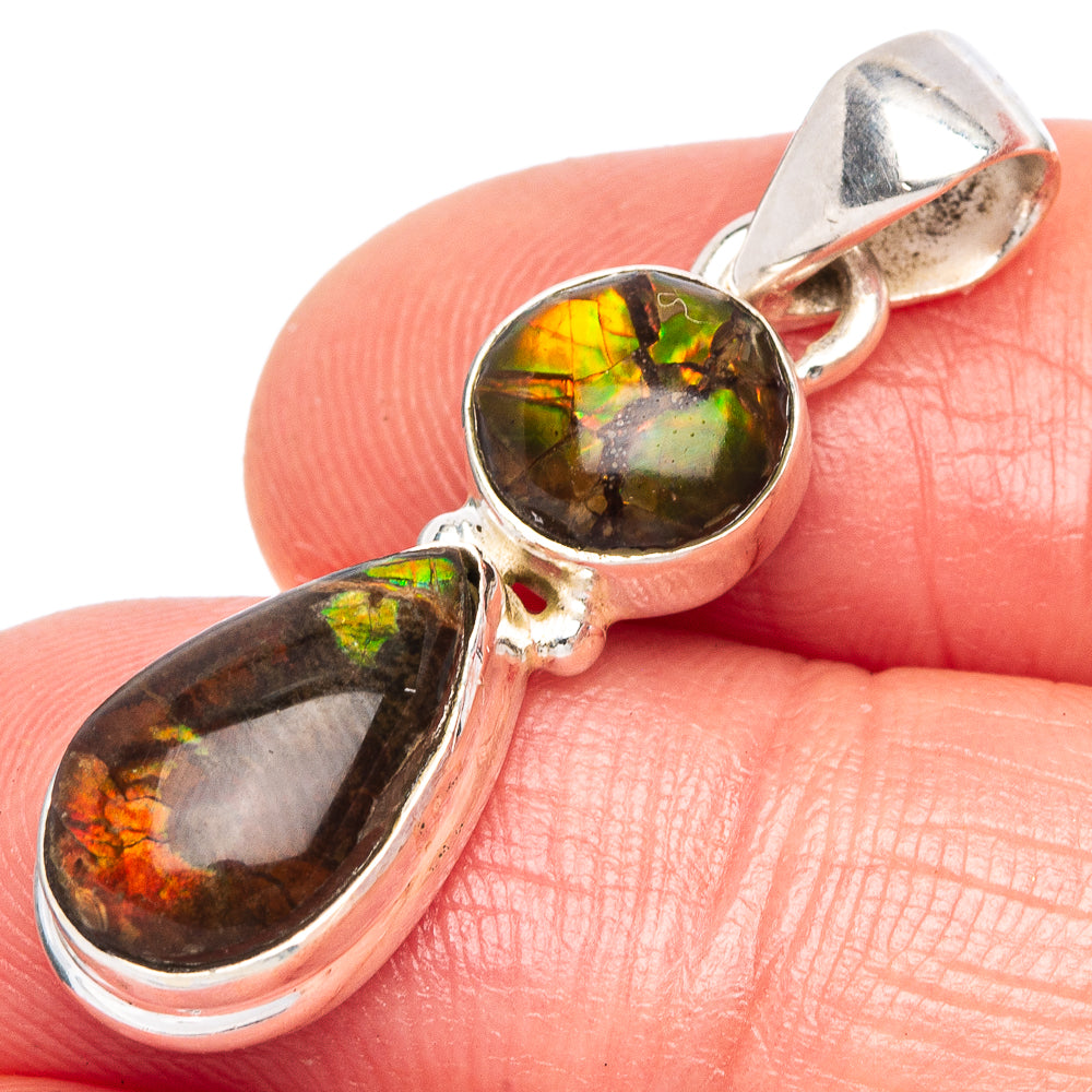Sterling silver ammolite pendant with round and pear-cut multicolor stones