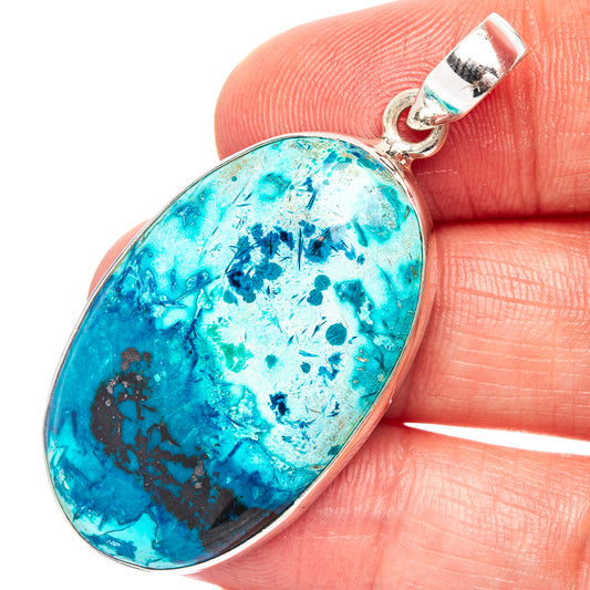 Shattuckite oval pendant with .925 sterling silver bezel and bail, vivid blue with dark specks
