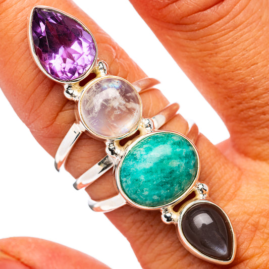 Sterling silver oval gemstone ring: purple amethyst, iridescent moonstone, green amazonite, gray