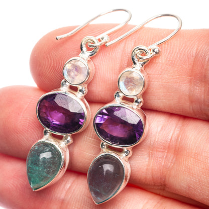 Aquamarine, Amethyst, Rainbow Moonstone Earrings 1 3/4" (925 Sterling Silver) E432544