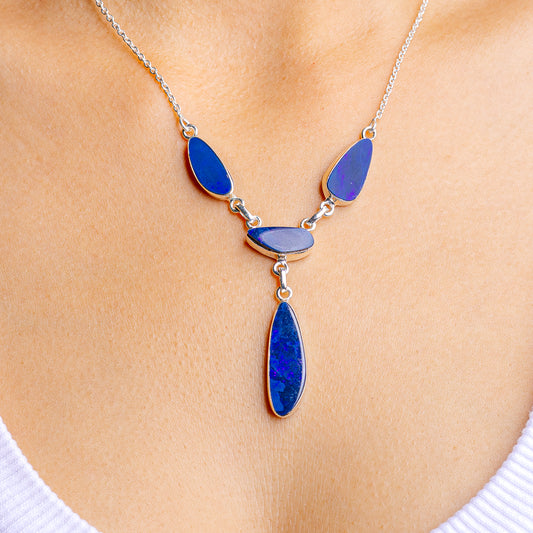 Blue opal doublet pendant necklace with sterling silver chain and teardrop links