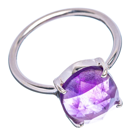 Sterling silver band ring with purple faceted amethyst cushion stone, size 6.75