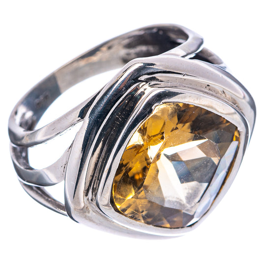 Sterling silver citrine ring with square yellow gemstone, side angle and raised setting