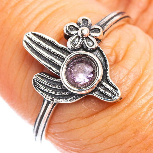 Amethyst cactus ring, .925 sterling silver with purple round gem and cactus accents