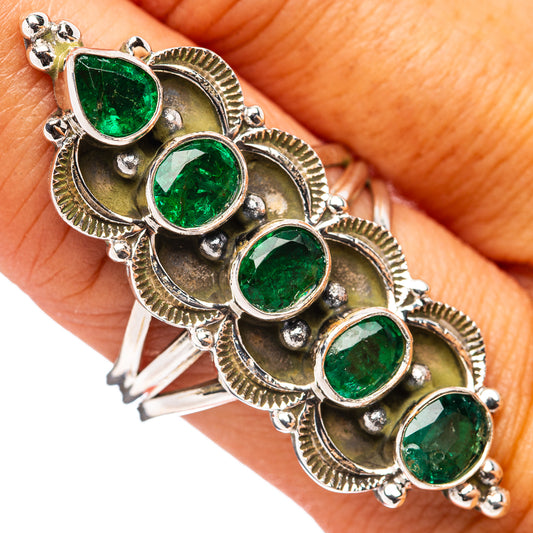 Oval green emerald cabochons in ornate .925 sterling silver band ring