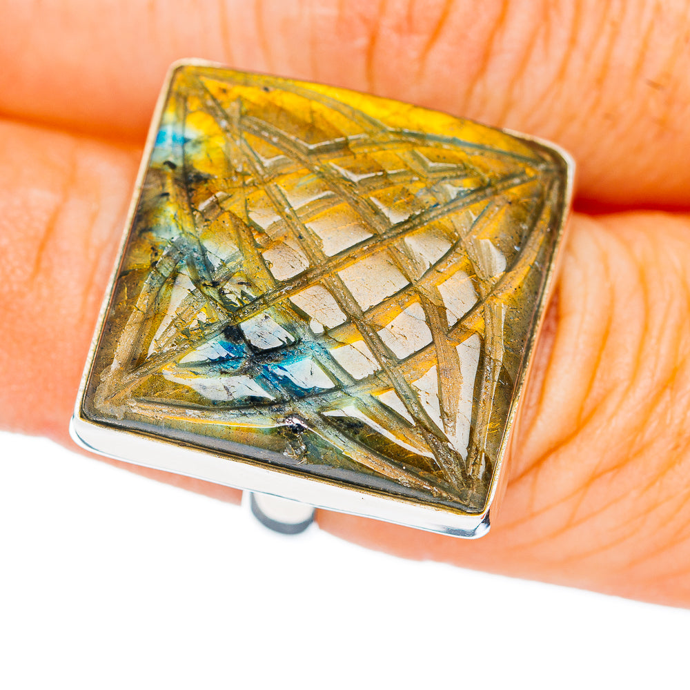 Premium Hand Carved Labradorite Ring Size 7 Adjustable (.925 Sterling Silver)