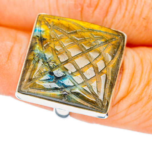 Premium Hand Carved Labradorite Ring Size 7 Adjustable (.925 Sterling Silver)