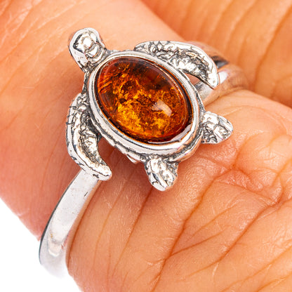 Baltic Amber Sea Turtle Ring Size 4 Adjustable (.925 Sterling Silver)