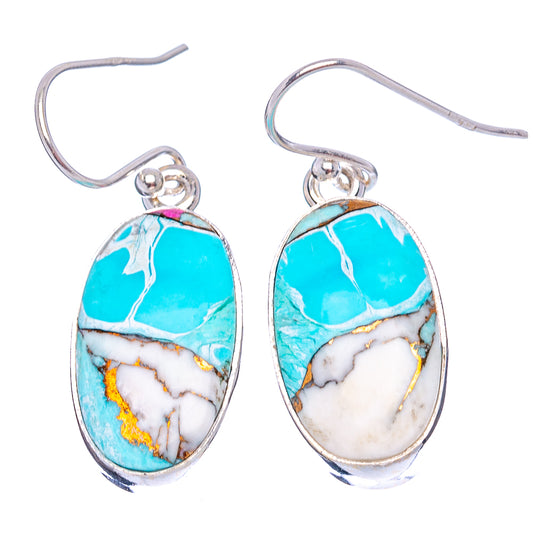 Sterling silver teardrop earrings with turquoise top, white marble inlays, and hooks