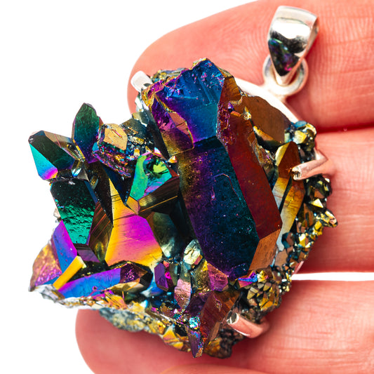 Sterling silver pendant with iridescent rainbow quartz cluster, top bail visible