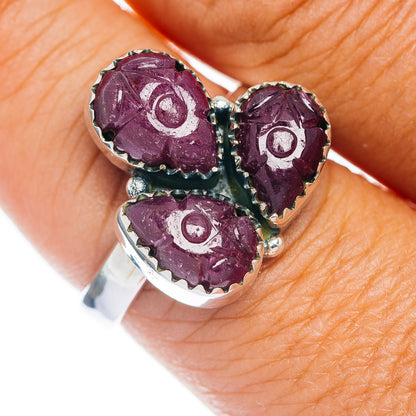 Premium 3-Gemstone Carved Ruby Ring Size 9 (.925 Sterling Silver)