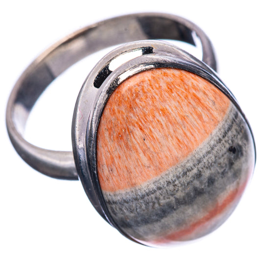 Celestobarite oval bezel ring, sterling silver band with orange and gray cabochon