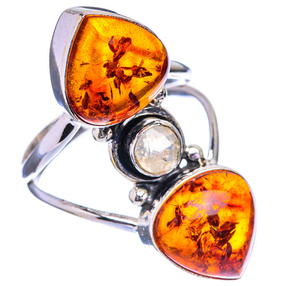 Large Baltic Amber, Rainbow Moonstone Ring Size 10 (925 Sterling Silver) R142747