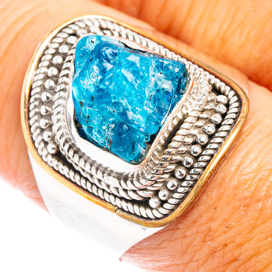 Apatite gemstone ring in .925 sterling silver with blue cushion stone and ornate bezel