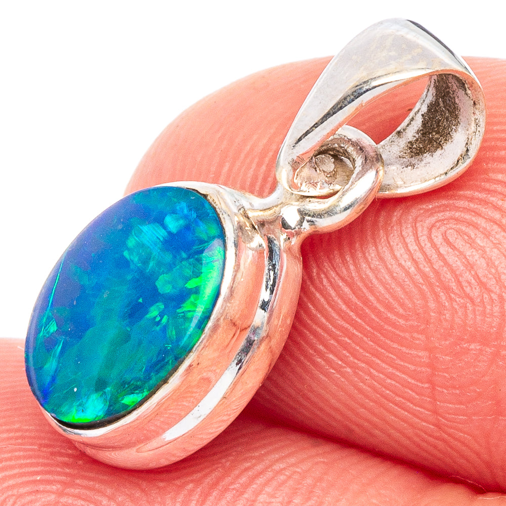 Sterling silver opal doublet pendant, oval green-blue stones in bezel setting
