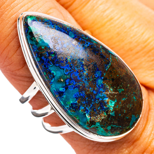 Teardrop silver ring with blue-green azurite malachite stone, open setting