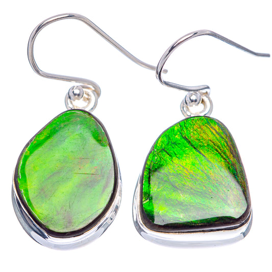 Sterling silver ammolite drop earrings, green teardrop stones in oval bezel, fishhook