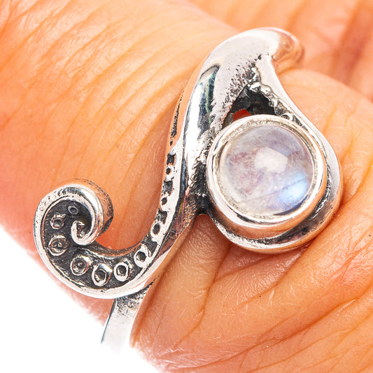 Sterling silver dainty wave ring with oval moonstone cabochon, size 6.5