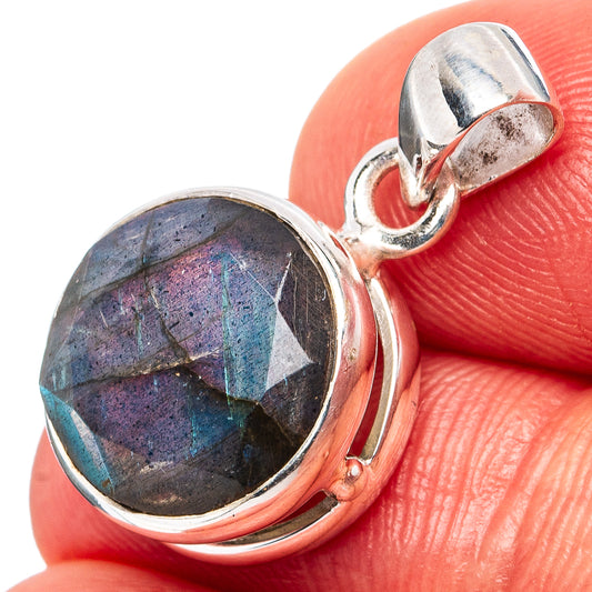 Round labradorite faceted pendant in .925 sterling silver bezel, hinged bail
