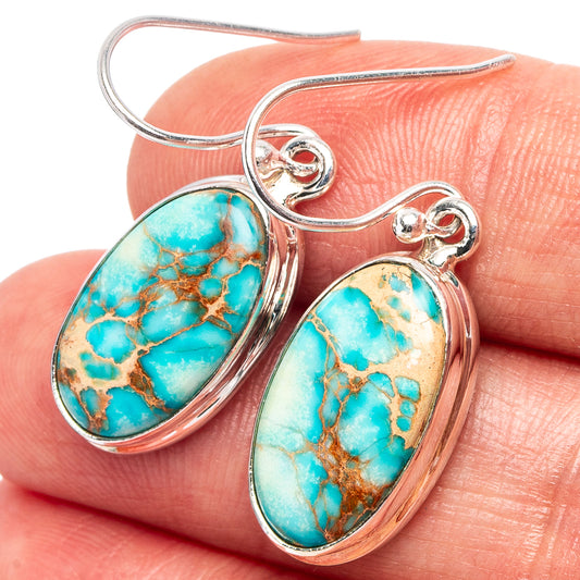 Turquoise oval jasper drop earrings in .925 sterling silver with hooked backs