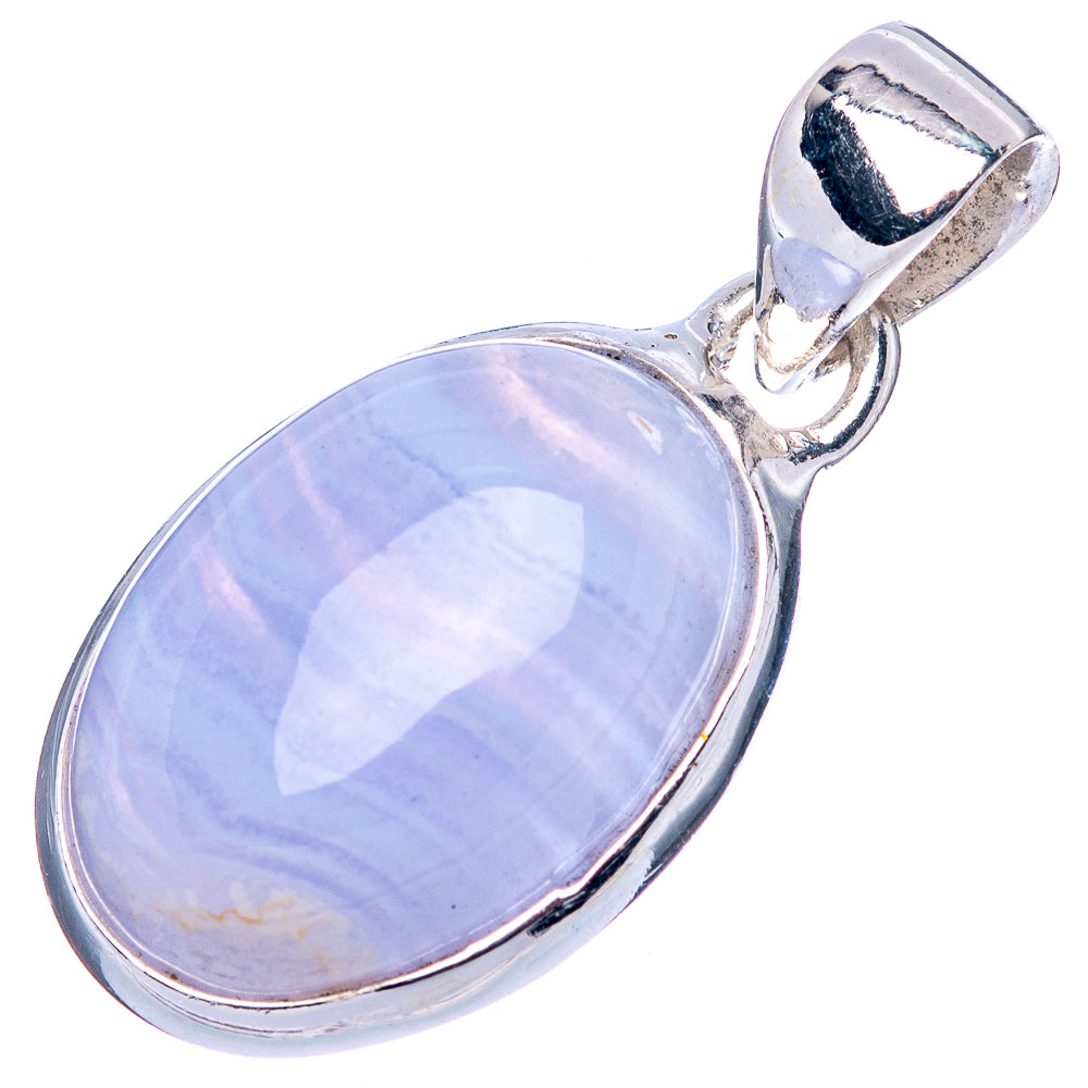 Oval blue lace agate pendant in polished 925 sterling silver with attached bail