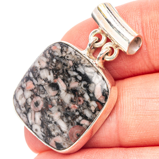Sterling silver fossil pendant, oval crinoid marble stone bezel with bail and loops