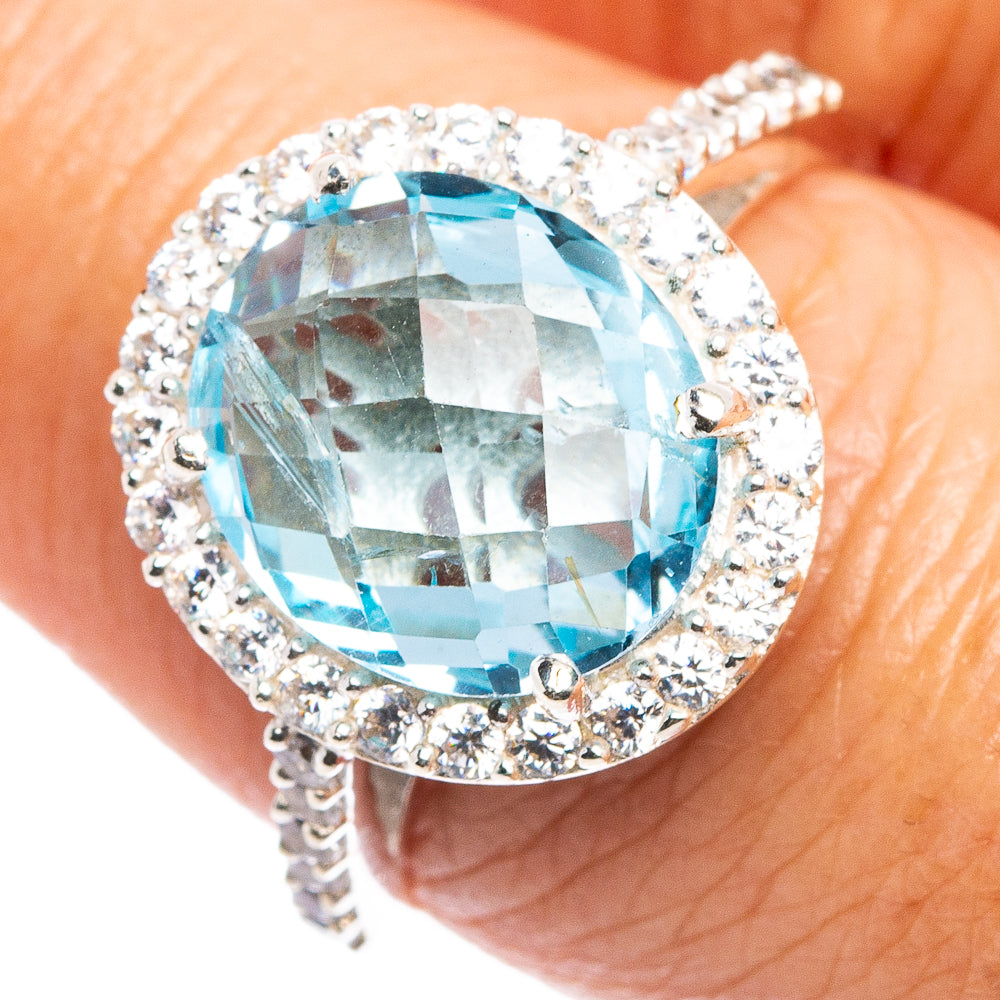 Faceted Blue Topaz, Cubic Zirconia Ring Size 8 (.925 Sterling Silver)