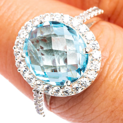 Faceted Blue Topaz, Cubic Zirconia Ring Size 8 (.925 Sterling Silver)