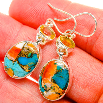 Spiny Oyster Turquoise, Citrine Earrings 1 5/8" (925 Sterling Silver) EARR431988