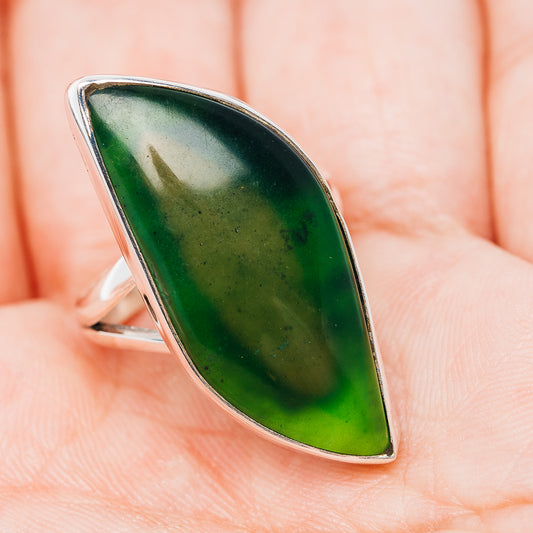 Nephrite jade ring, .925 sterling silver, size 7; green marquise cabochon in silver bezel