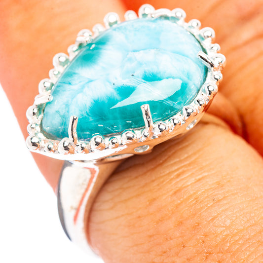Sterling silver Larimar oval ring with blue stone, prong-set bezel, size 8