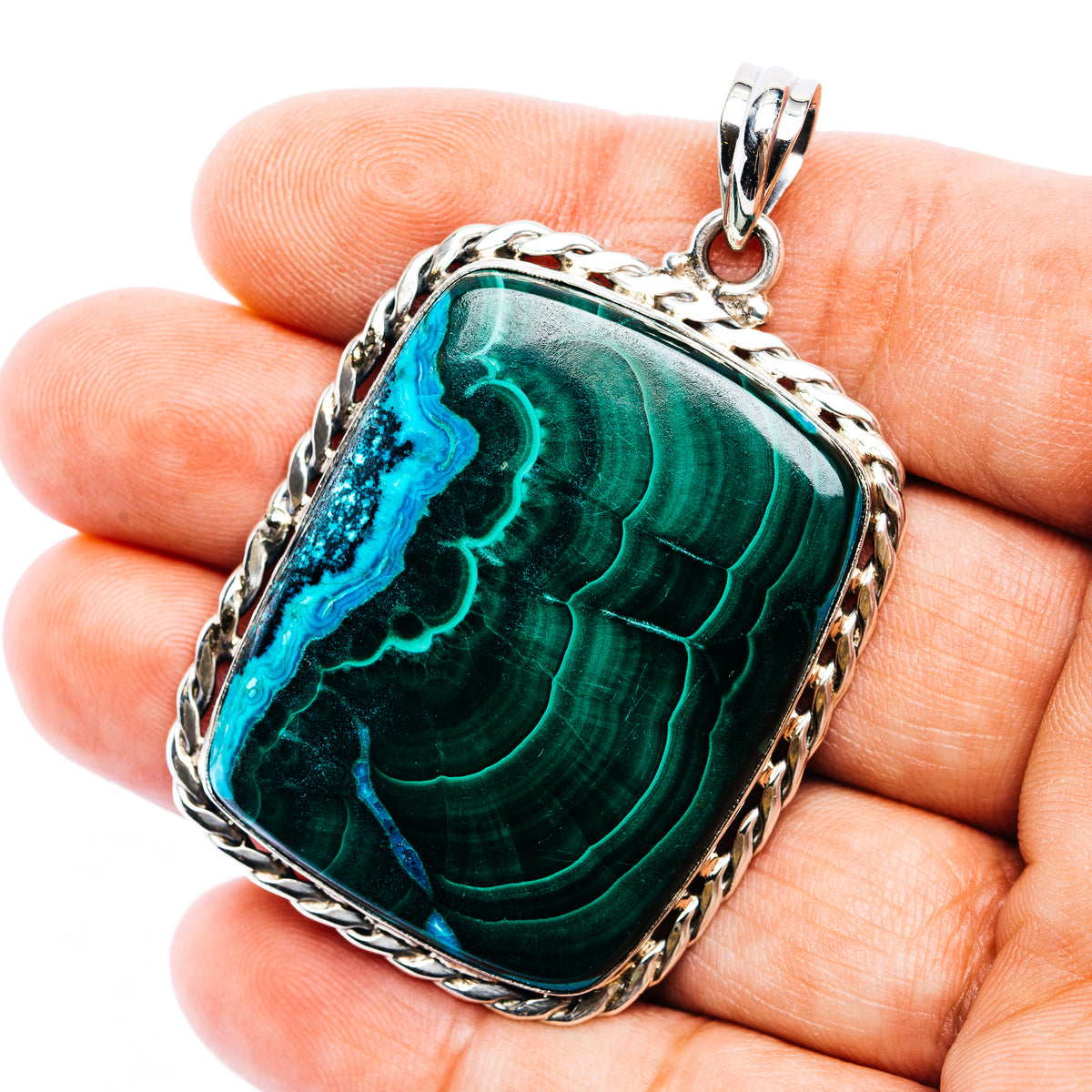 Chrysocolla In Malachite Pendant 2 3/8" (.925 Sterling Silver)