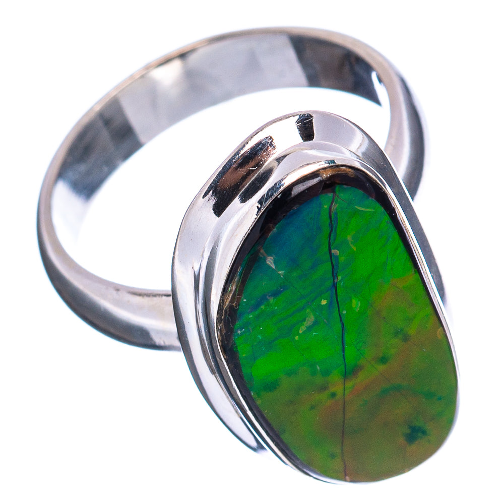 Sterling silver ammolite ring with oval green iridescent stone, polished bezel and band