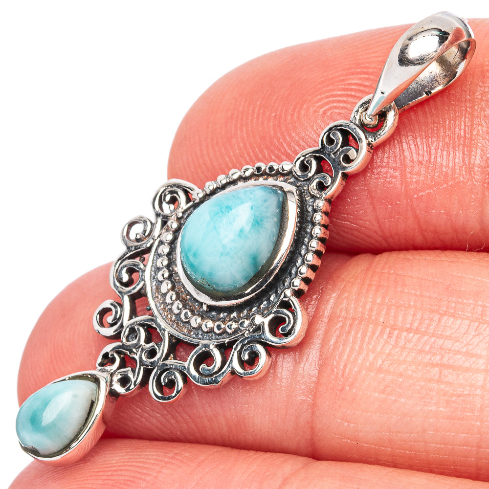 925 sterling silver larimar pendant with ornate filigree and two oval blue stones