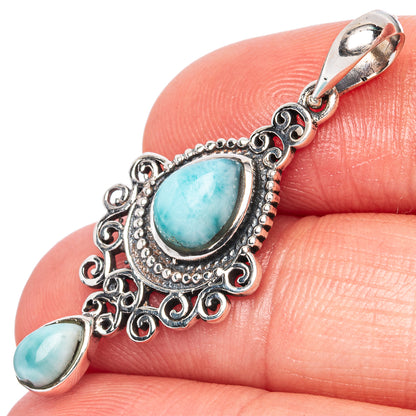 925 sterling silver larimar pendant with ornate filigree and two oval blue stones